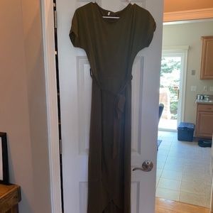 Olive Green Dress with belt & overlapping fabric in the front